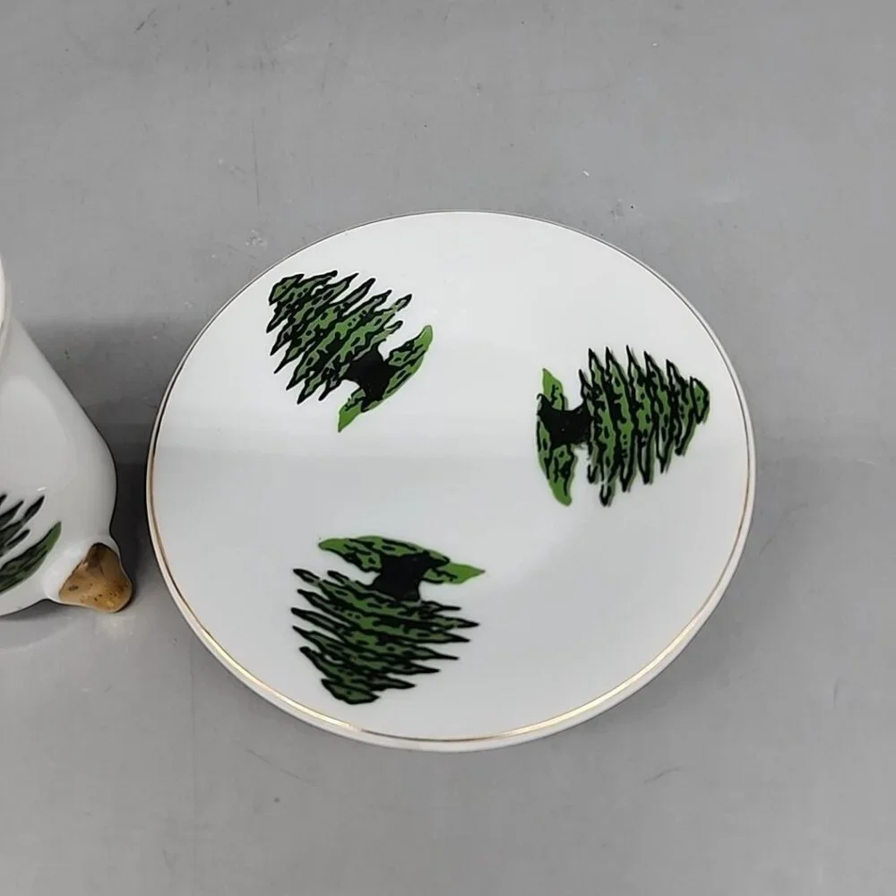 vintage Footed teacup and saucer set green Tree Made In Japan Gold Rim